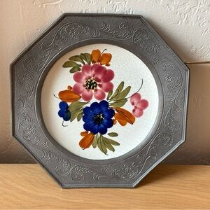 Hand Painted Floral Decorative Plate with Pewter Frame - wall hanging